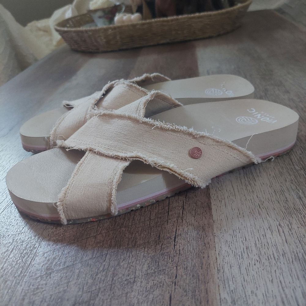Vionic Panama Sandals Womens Sz 8 Cream Cross Strap Comfort Wedge Slide Beach - Picture 3 of 12